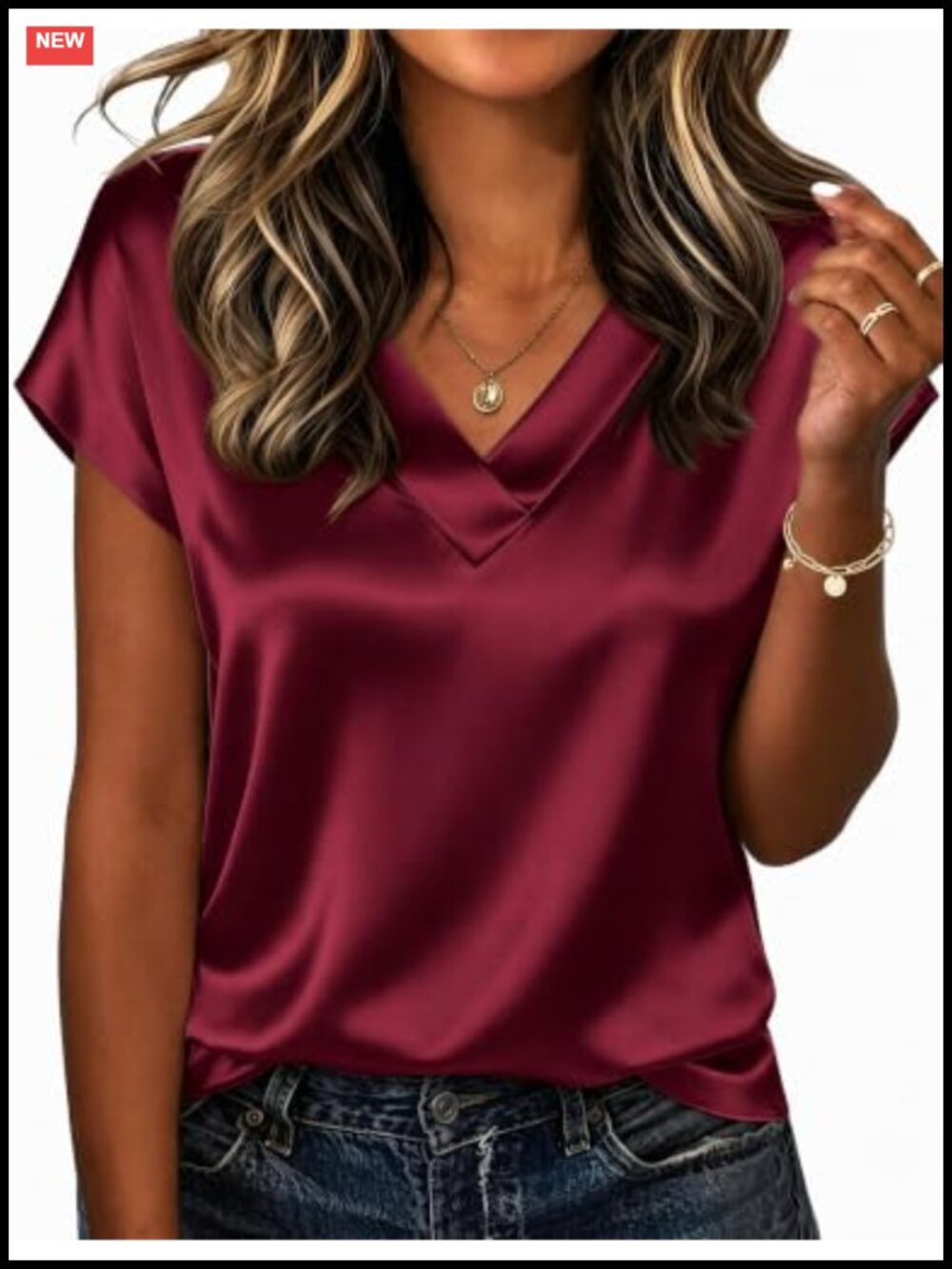 Satin V Neck Short Sleeve Blouse Loose Fit Business Casual Top